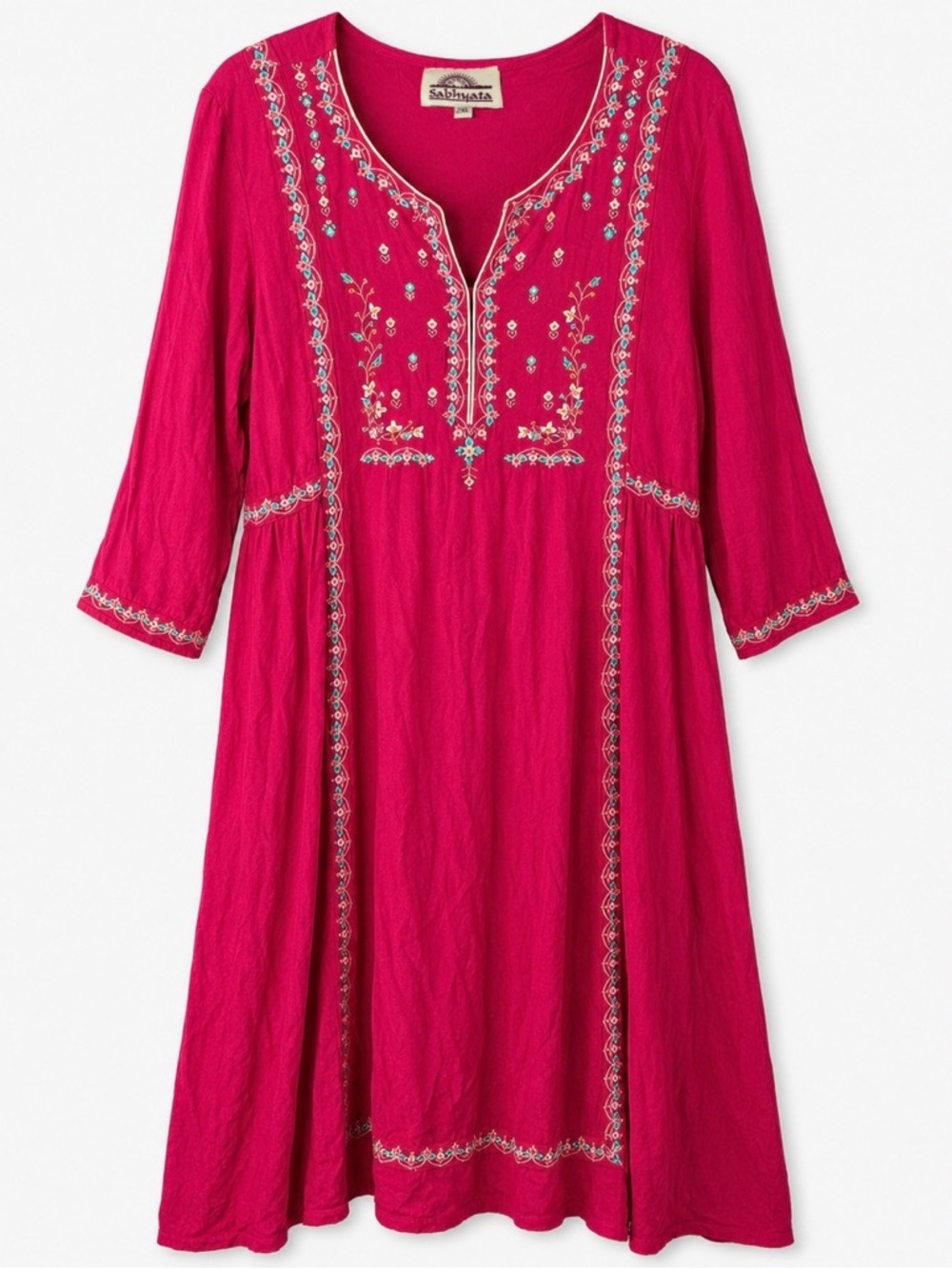 Boho Embroidered Midi Dress Indian Cotton Tassel Tie Floral Folk Art 2XL